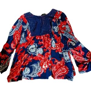 New Directions red and blue plus size long sleeve  boho blouse